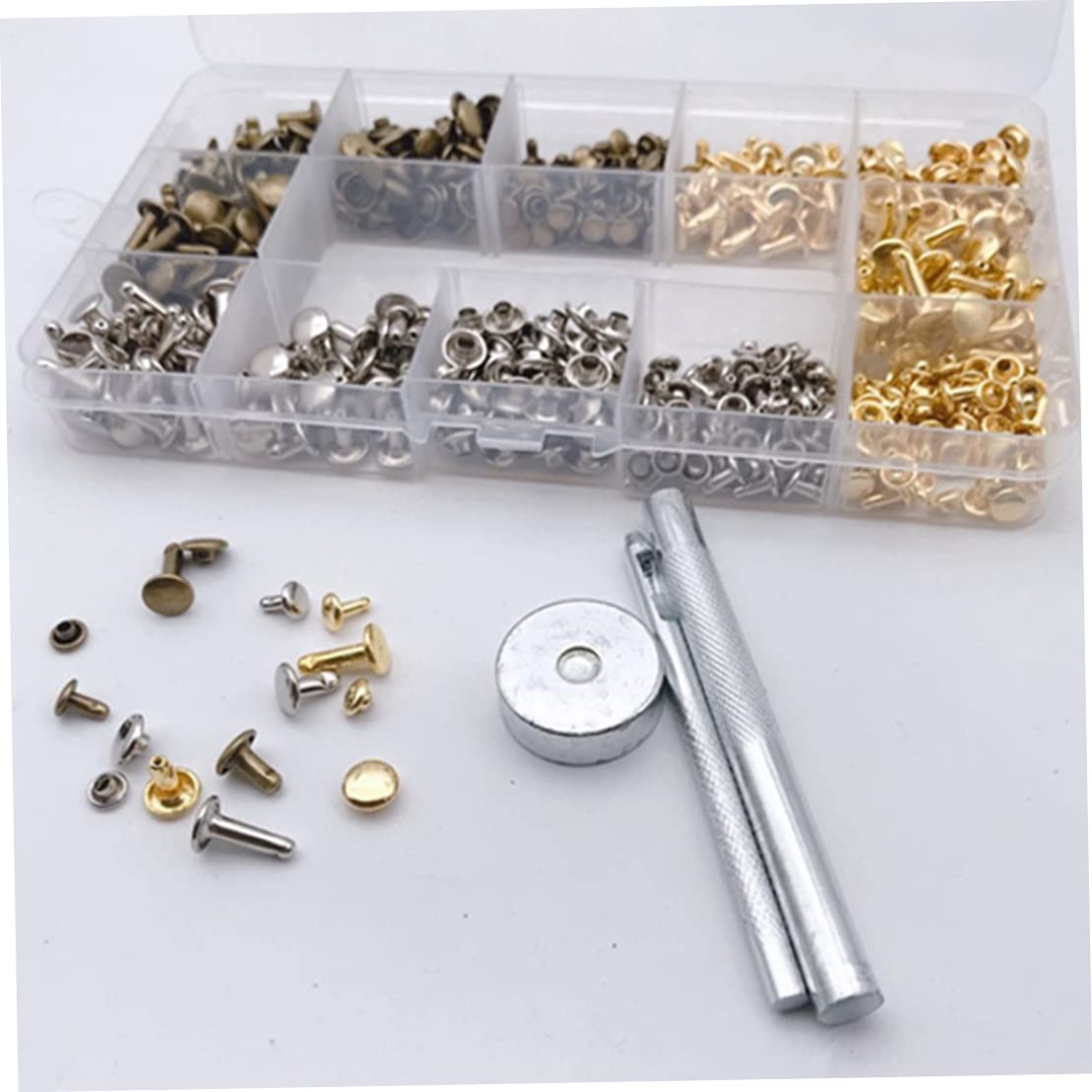 MILEVO Juego de botones y remaches de cuero, 300 unidades/juego de pernos de metal tubulares de doble tapa con alicates perforadores, remaches de cuero de 12 mm/8 mm/6 mm para ropa de bricolaje
