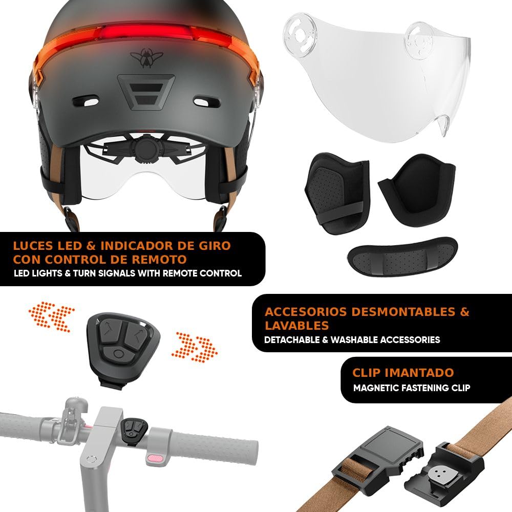 CASR Glow Casco Patinete Eléctrico Adulto Hombre Mujer con Luz LED Casco Bicicleta Adulto con Visera – Intermitentes, Mando Distancia, USB-C, Orejeras Desmontables