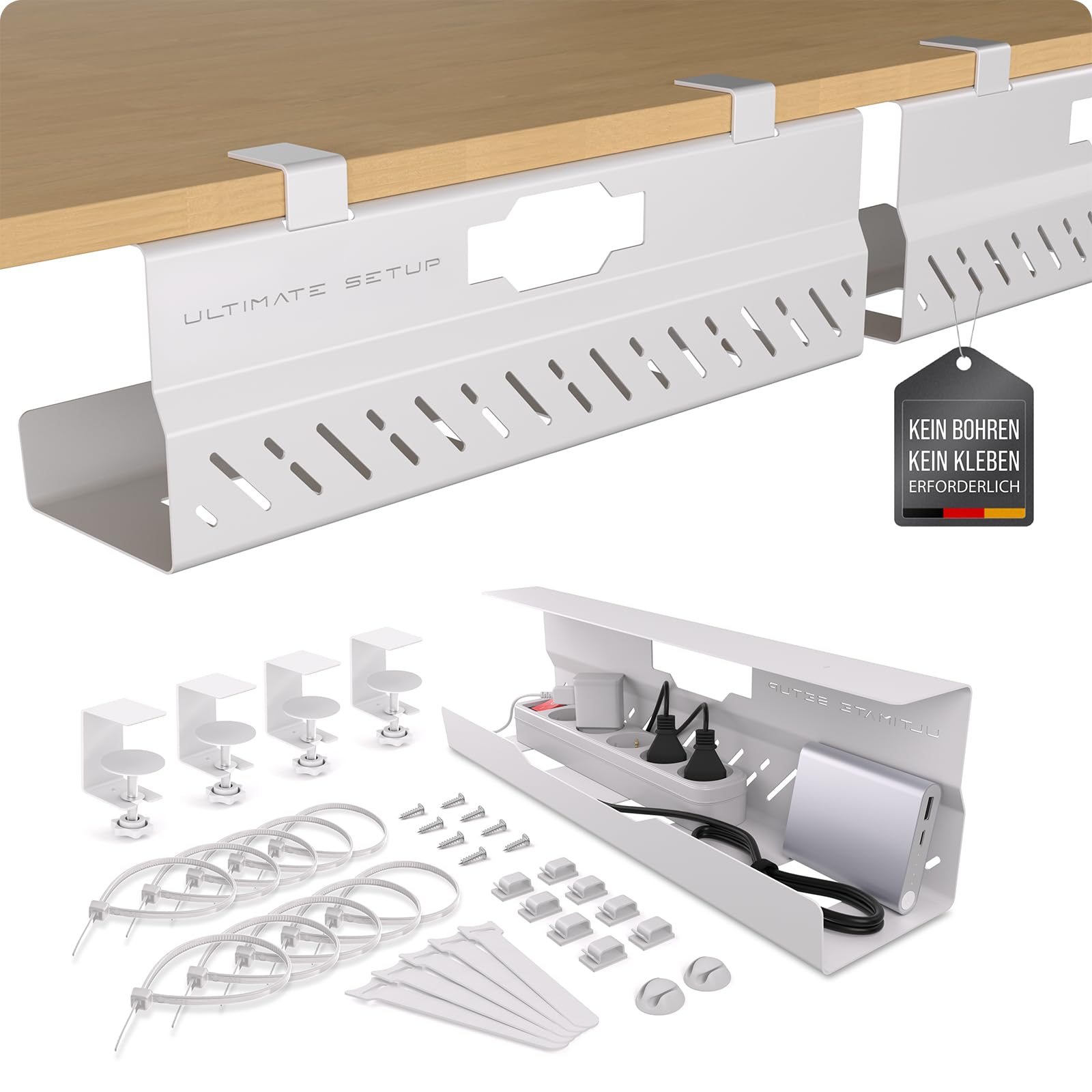 Premium Kabelkanal Schreibtisch – Ideales Schreibtisch Kabelmanagement, Kabelwanne, Tisch Kabelführung - Kabel Organizer – Kabelhalter Schreibtisch (Weiß, 2er Set)