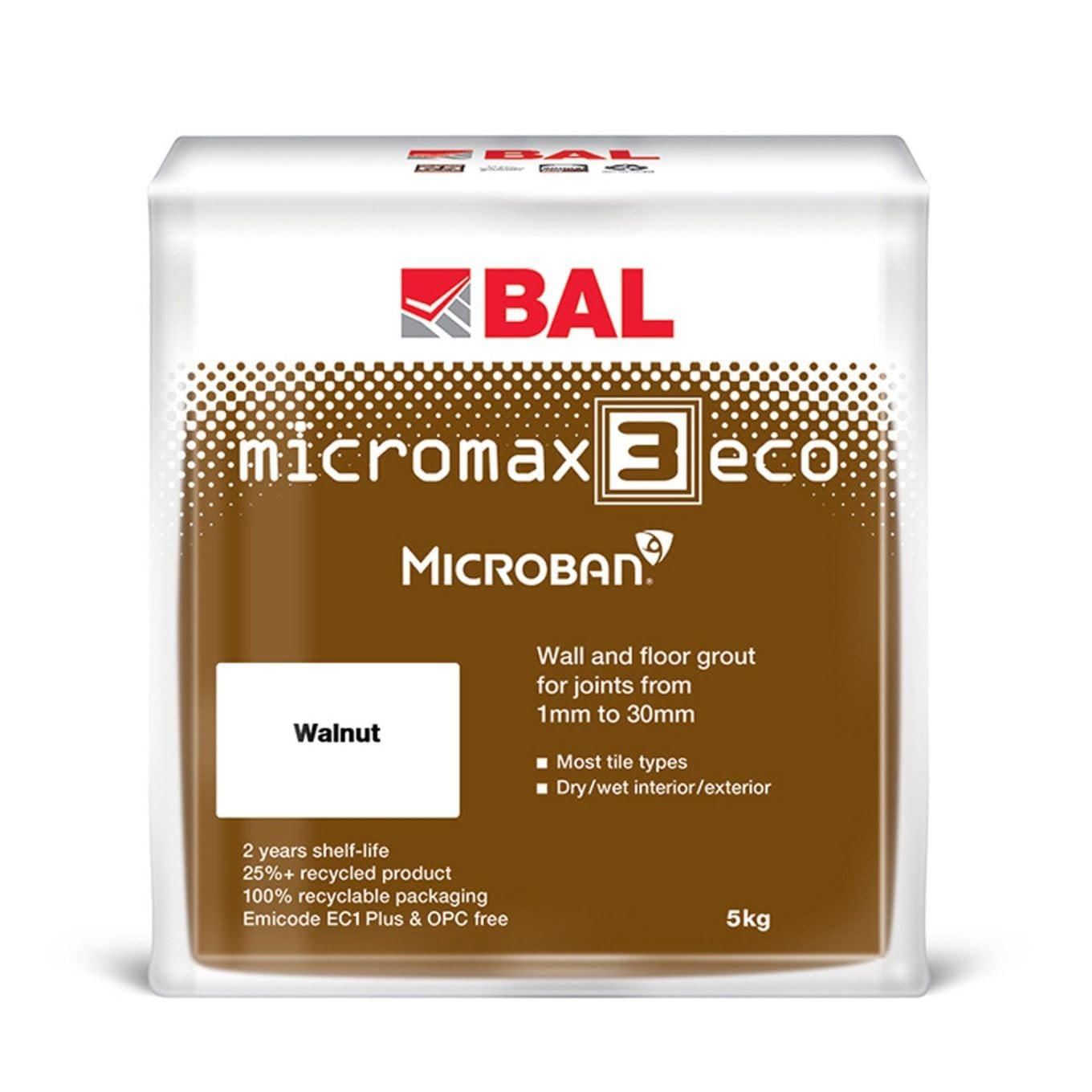 Bal Micromax3 Eco Grout Wall & Floor Grout, Rapid Set, Antimicrobial, Suitable For Interior & Exterior 5KG Bag - Walnut — image 1