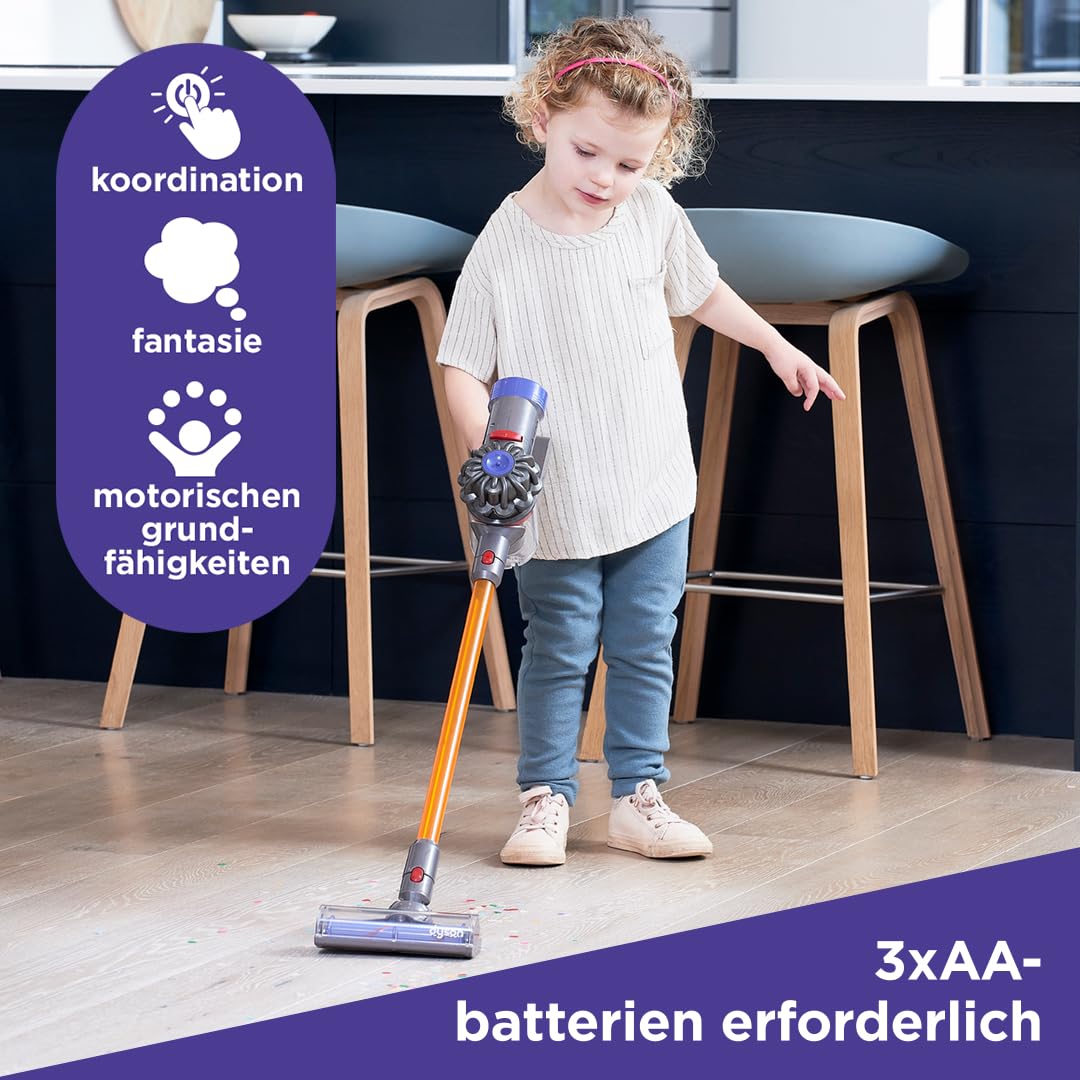 Casdon Dyson kabelloser Staubsauger | Interaktiver & offiziell lizenzierter Dyson Spielzeugstaubsauger für Kinder ab 3 Jahren | Realistischer Rollenspielspaß!, Gelb