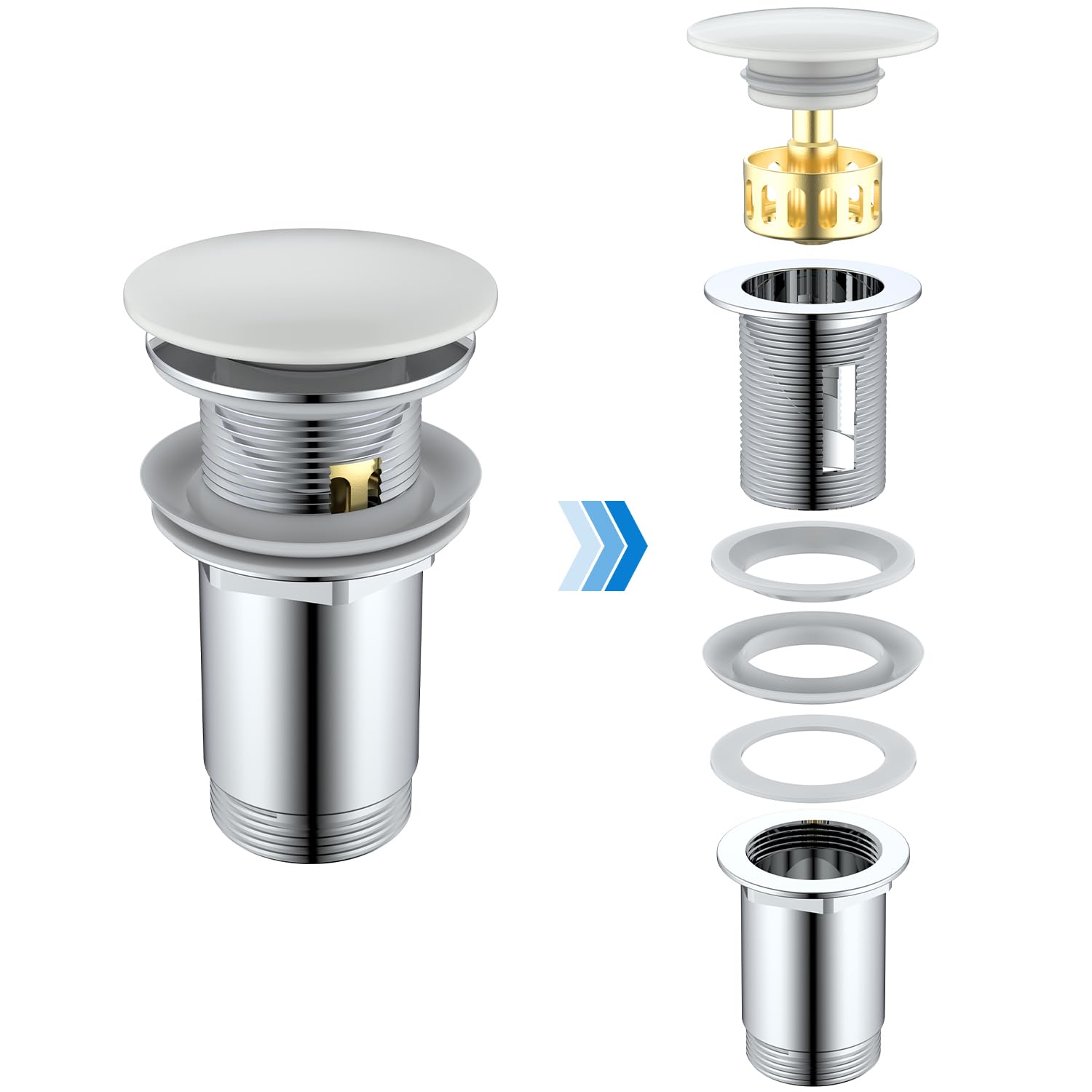 Desagüe Lavabo Blanca con o sin Rebosadero, Tapon Lavabo Click Clack, Tapa Blanca de Cerámica, Válvula Desagüe Pop Up con Cesta Filtrante, Universal G1 1/4" para Baño y Aseo