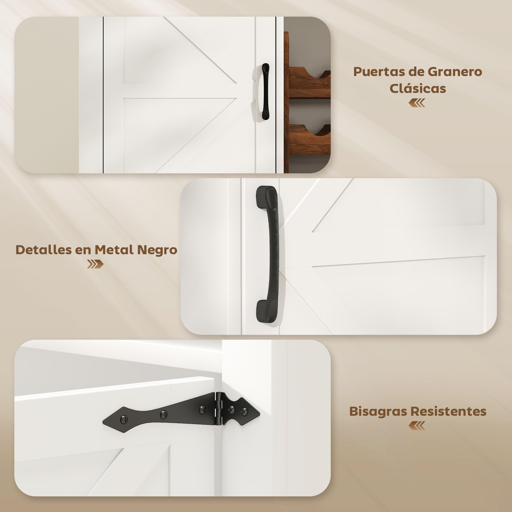 HOMCOM Aparador de Cocina con Botellero, Aparador con 2 Puertas de Granero, Estantes Ajustables y Soporte para Copas, para 9 Botellas, Buffet Auxiliar de Cocina para Comedor, Salón 120x37x88 cm Blanco