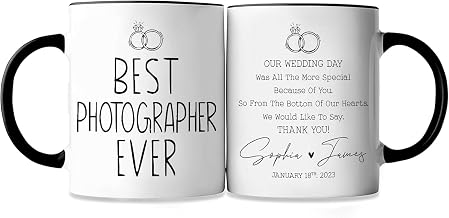 Personalized Best Photographer Ever Coffee Mug, Custom Name Gift for Wedding Photographer, 11oz 15oz Ceramic Mug from Bride and Groom, Thank You Gift for Him or Her