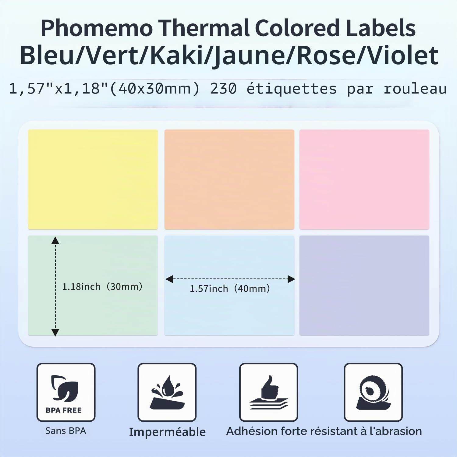 Phomemo M110/M220/M221/M200/M120/M100/M108/M150/M250/M260 Étiquettes autocollantes colorées 40x30mm (1,57" x 1,18"), 6 rouleaux de papier d'étiquettes thermiques pour imprimante d'étiquettes Phomemo