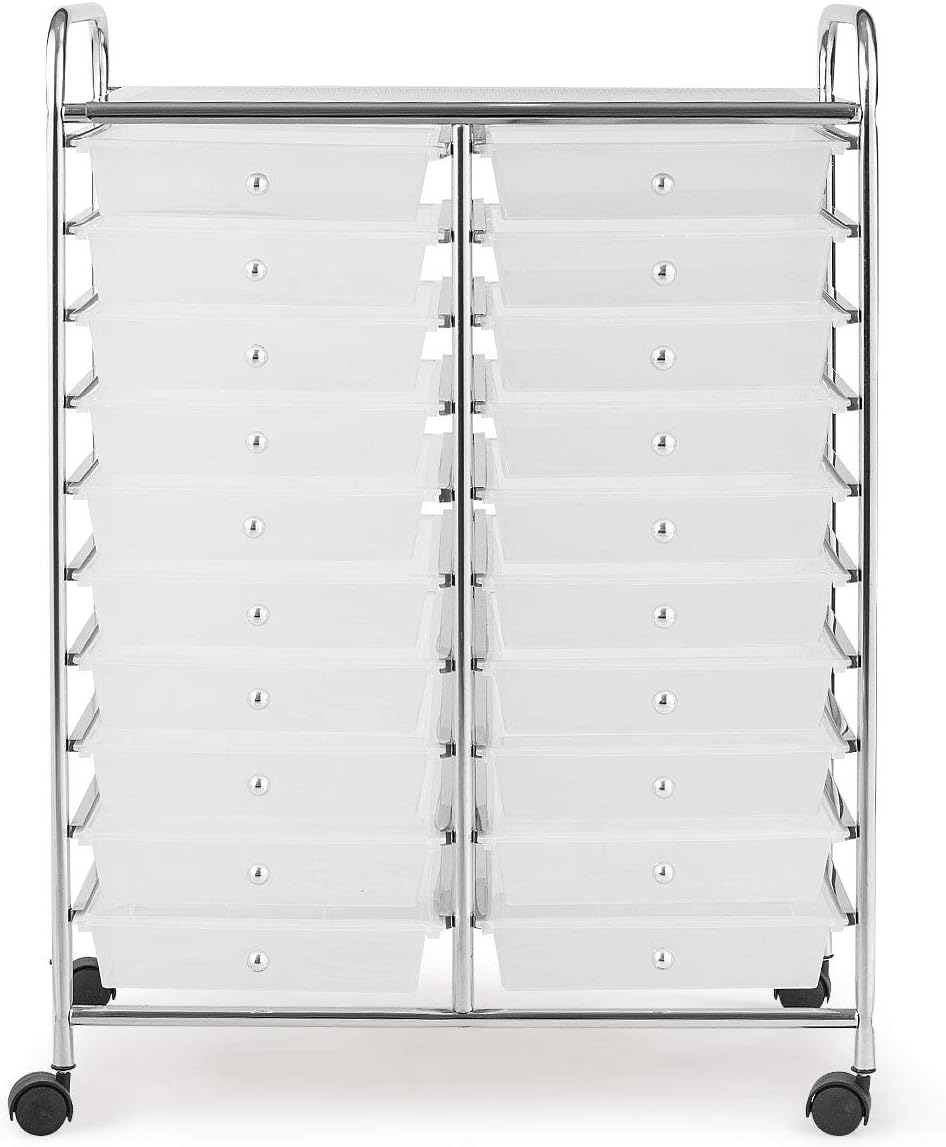 Clear 20-Drawer Rolling Organizer Cart with Chrome Frame