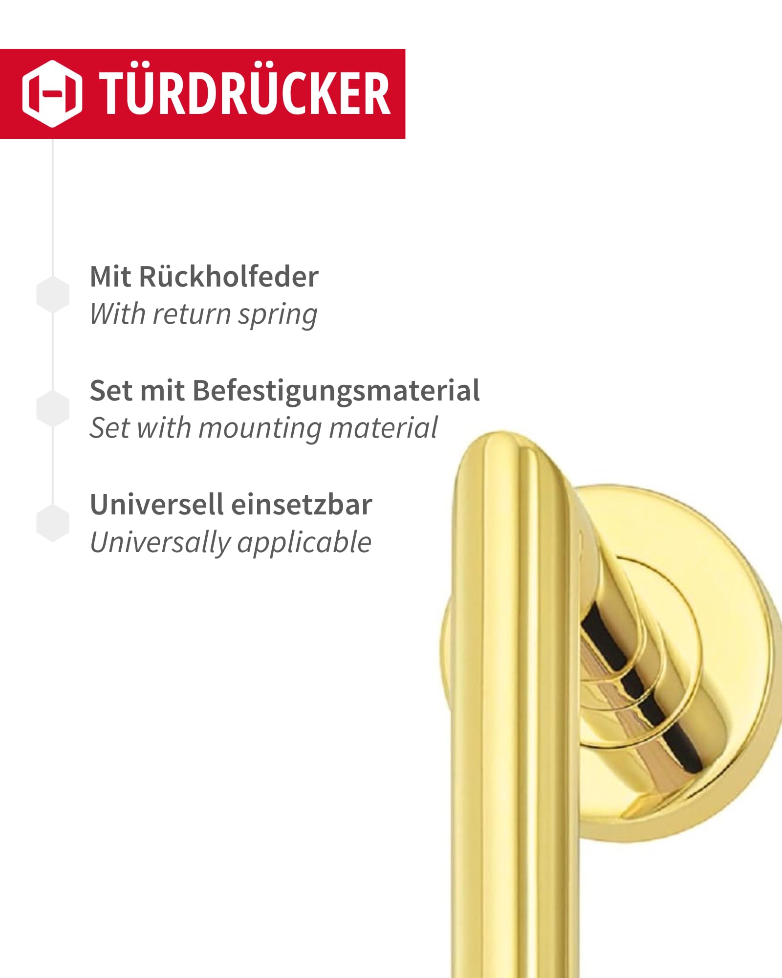 JUVA Drückergarnitur Gold Messing PVD-beschichtet [BB - Buntbart] 1x Set Tür Beschläge Rund-Rosette I Türgriffe Innentüren L-FORM I Türklinke für Türstärke 35 – 47 mm Türbeschlag