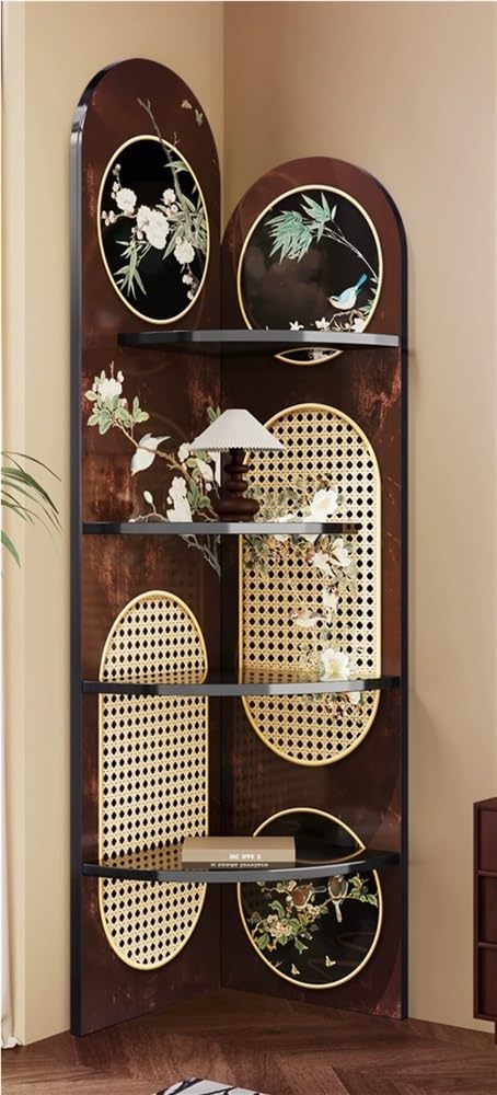 Retro Wood Rattan Triangular Shelf, 4-Tier Open Display Rattan Corner Rack, Multi-Functional Storage Bookshelf for Living Room(Brown,39.4x31.5x11.8in)