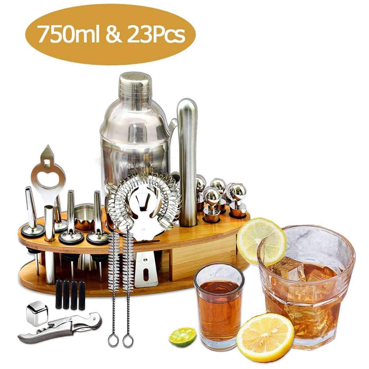 Coctel Shaker Bar Set Cocktail Making Kit con Estante De Madera Acero Inoxidable Bartender Tools Bar Mezter Maker Barware