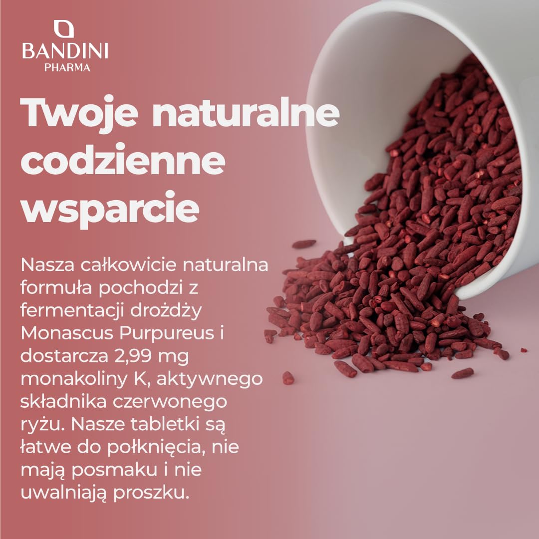 Bandini® CZERWONY RYŻ 180 tabletek - 6 MIESIĘCY kuracji - Suplement na bazie Sfermentowanego Czerwonego Ryżu - Przyczynia się do utrzymania prawidłowego poziomu cholesterolu we krwi