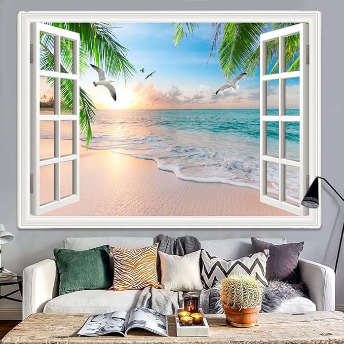 Miniatura 3 de Xiaoput Tapiz de paisaje natural, acogedor exterior de la ventana, palmera tropical, playa, mar, miau, puesta de sol, tapiz para colgar en la pared,