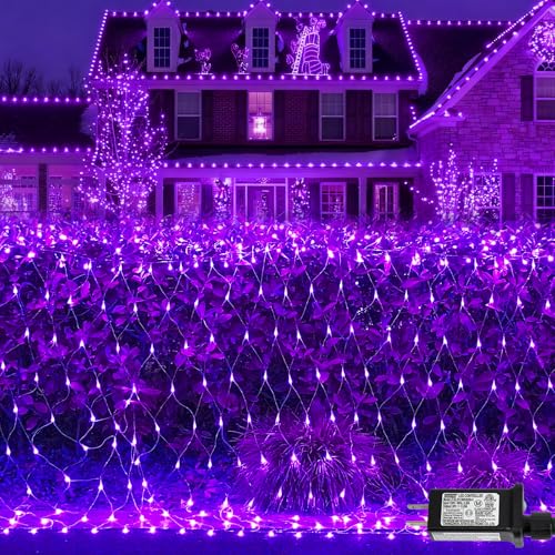 YEGUO Halloween Net Lights Outdoor Mesh Lights 12ft x 5ft 360 LED Purple Bush Light Outdoor Waterproof 8 Modes Connectable Clear Wire Christmas Light Plug in