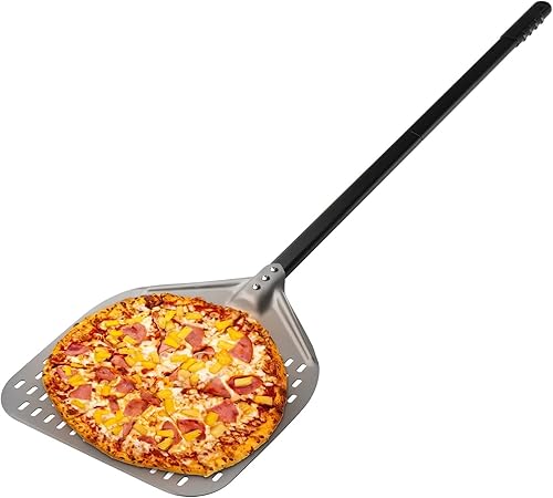 Miniatura 6 de G.a HOMEFAVOR Cáscara de pizza perforada de 12 x 14 pulgadas, 47 pulgadas en total, rectangular de aluminio con mango de silicona extendido para