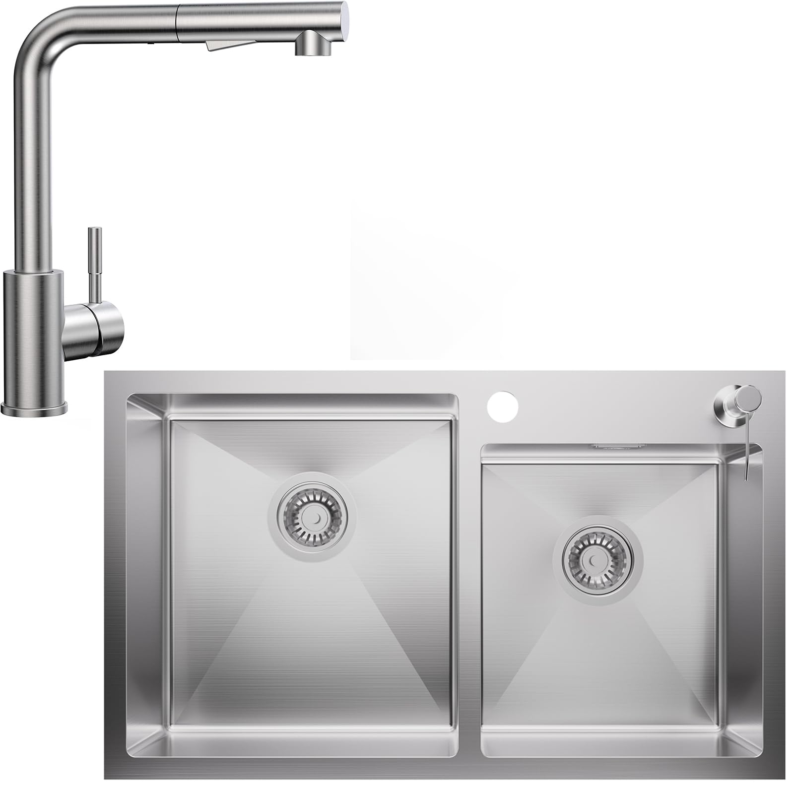 CECIPA Fregadero de cocina de 75 cm x 45 cm, de acero inoxidable, para armarios inferiores de 80 cm de ancho, con dispensador de jabón, desagüe y rebosadero, 2 cuencos, fregadero empotrable con grifo