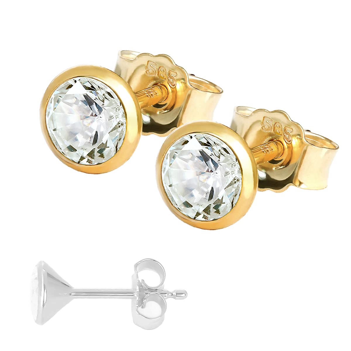 NKlaus Ohrstecker 585er Gelbgold 14 Karat, weißer Zirkonia, 5mm, 2 Stück