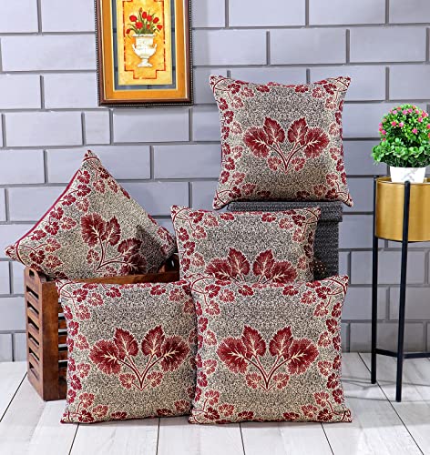 Image of Nendle Jacquard Weaved 16x16 inch Polycotton Ethnic Floral Cushion Cover Set of 5 (40 * 40cm, Maroon)-210 TC
