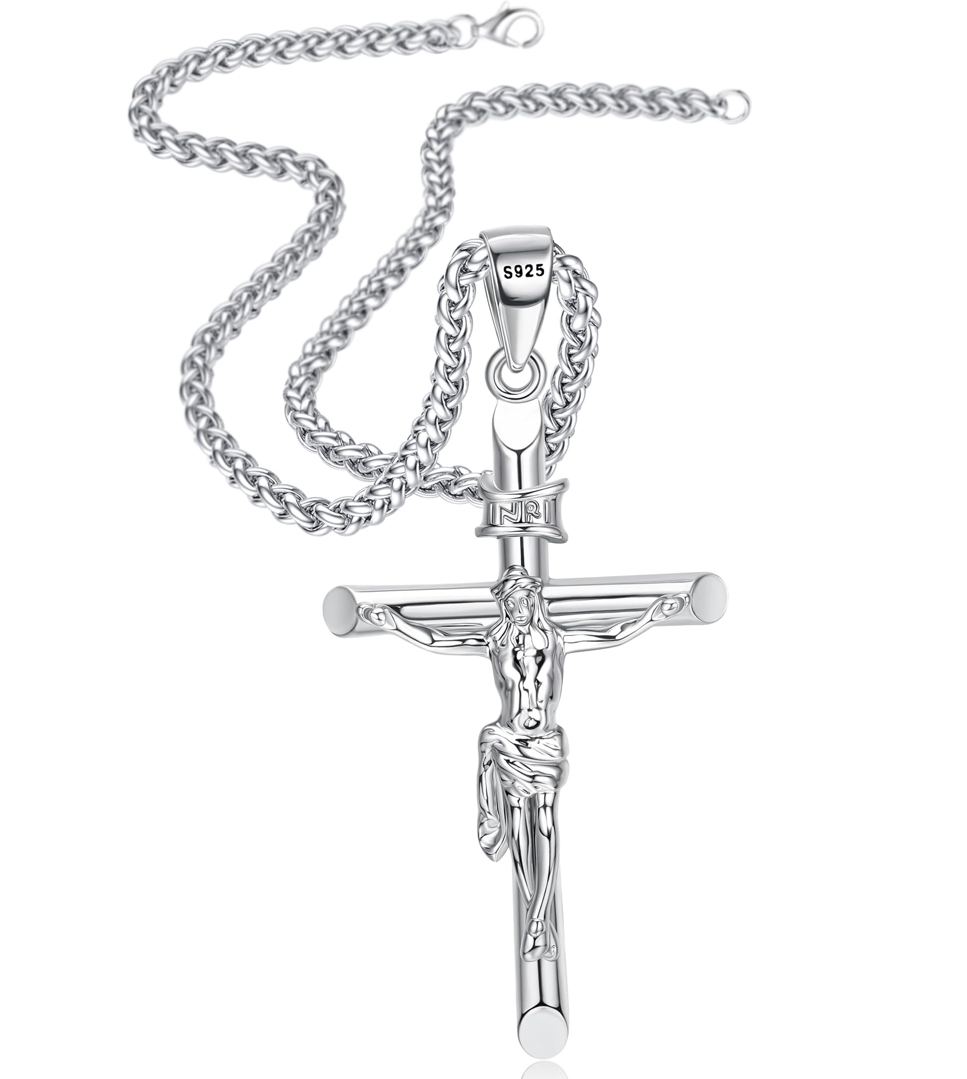ZXLIHS Kruzifix-Halskette aus Sterlingsilber für Männer und Frauen – Silberne Kruzifix-Anhänger-Halskette für Herren mit Edelstahl-Seilkette, katholische Taufe, Jesus-Kreuz-Halskette, Schmuck,