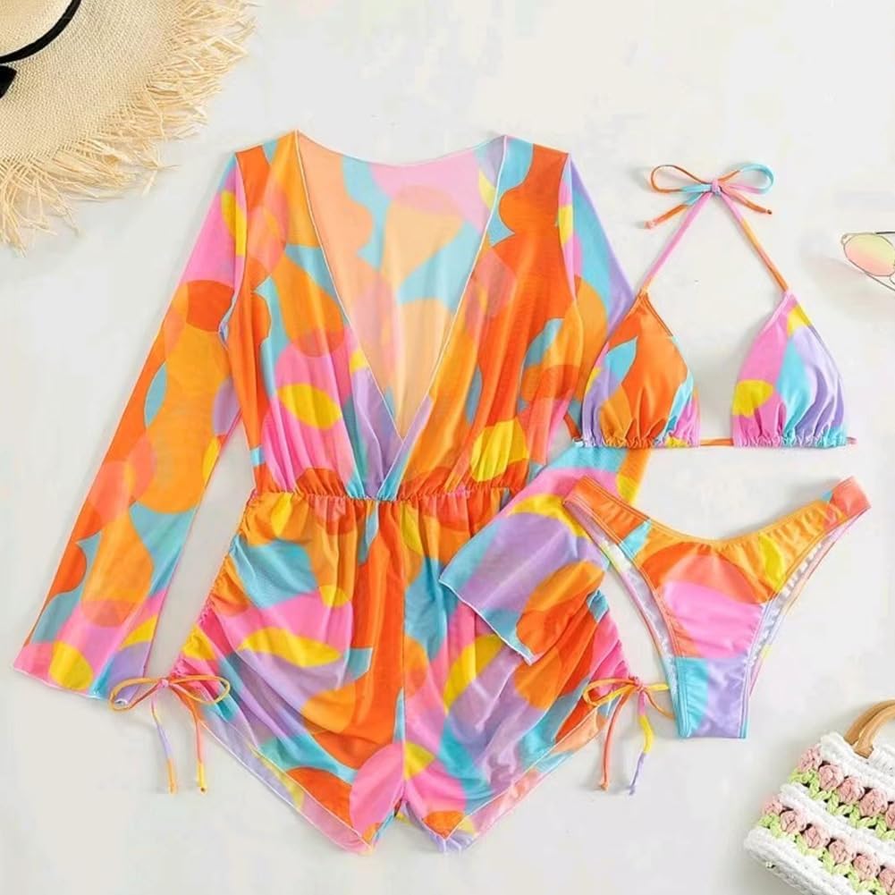 ODASDO Women's Sexy 3 Piece Swimsuits Halter Triangle Bikini Sets with Long Sleeve Mesh Cover Ups Romper Bathing Suits - Image 3