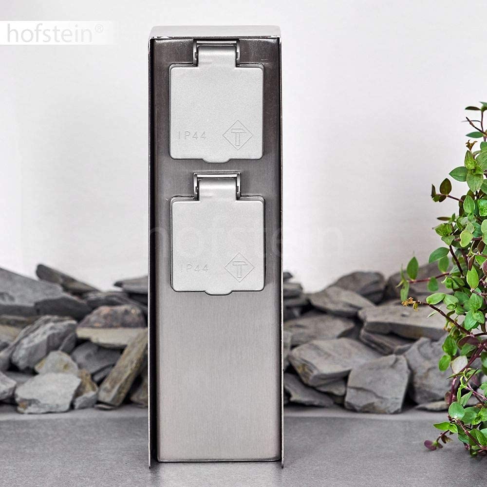 Presa da esterno Abilene, presa da giardino in metallo in acciaio inox/grigio con 2 prese e coperchi incernierati per installazione permanente, presa multipla per uso esterno, IP44