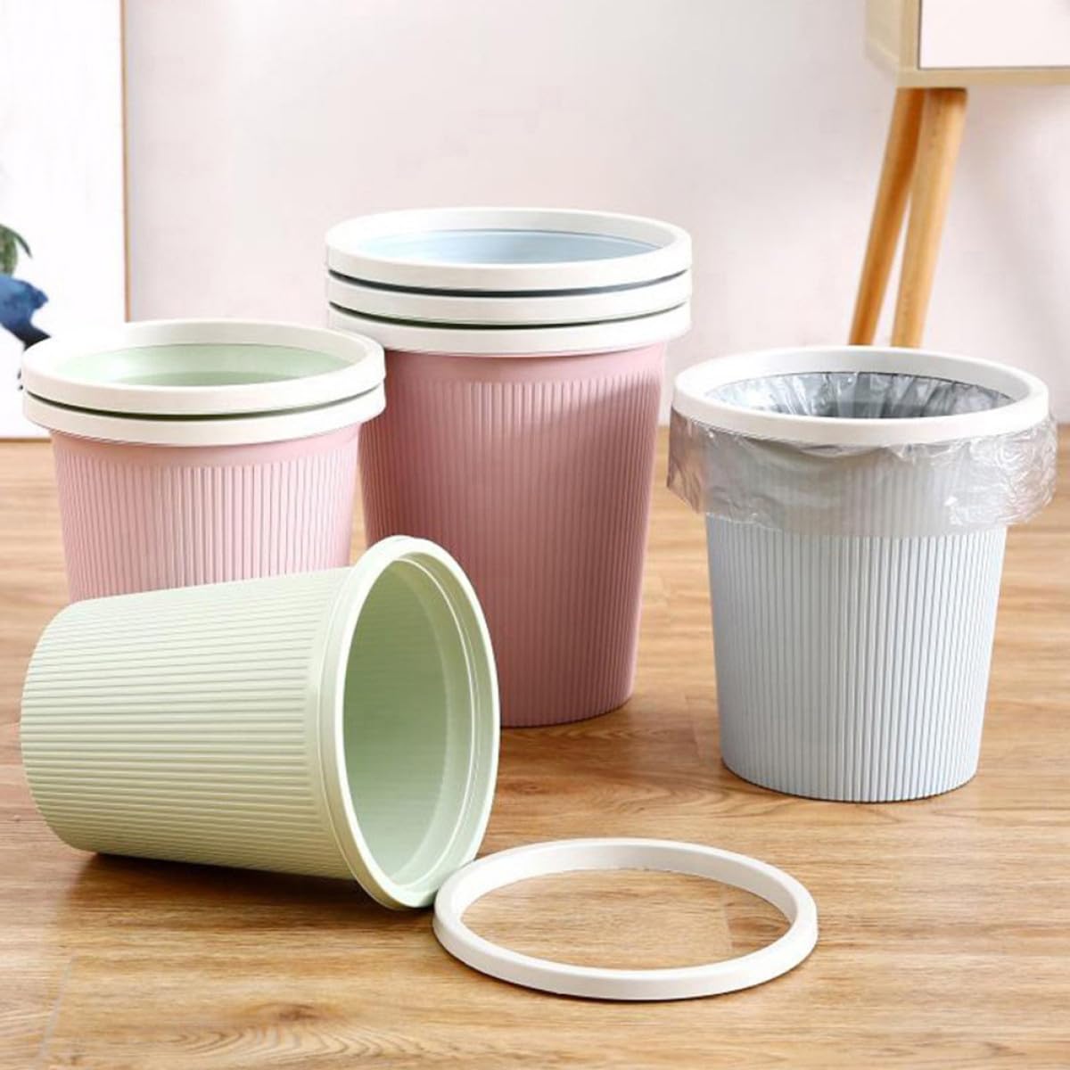 3pcs Blue Garbage Can Set with Pressure Ring, Large, Medium, and Small Waste Containers for Home and Office Storage and Organization Random Color
