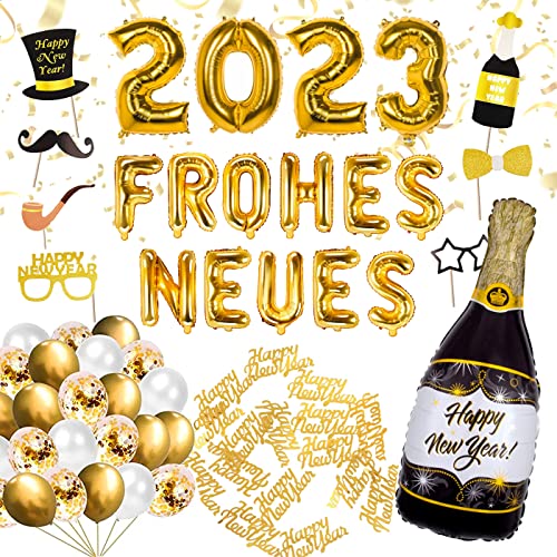 TEDORU XXL Silvester Deko Set 2023 - XXL “FROHES NEUES” Ballons, Luftballons, Fotorequisiten, Tischdeko zur Neujahrs-Party Cover