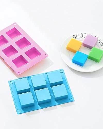 Miniatura 5 de Juego de 2 moldes de silicona para jabón, 6 cavidades cuadradas para hacer jabón, pasteles y chocolate, moldes de silicona de grado alimenticio