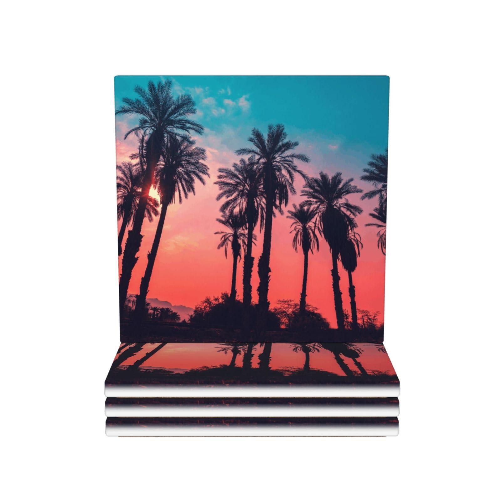 Untersetzer aus Keramik, Motiv Palme, Sonnenuntergang, 4 Stück