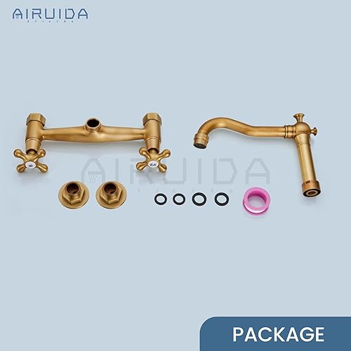 Miniatura 9 de Airuida Grifo de fregadero de cocina central de 8 pulgadas montado en la pared, grifo de cocina de montaje en pared doble asas cruzadas 360 caño