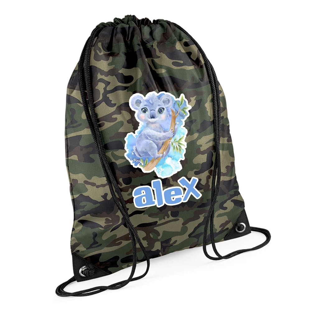 Getagift Personalized Cute Watercolour Koala Drawstring Bag for Kids, Back to School, Waterproof Sports Backpack, PE Kit Bag, Gym and Swimming Bag, Sport Rucksack. (Jungle Camo)
