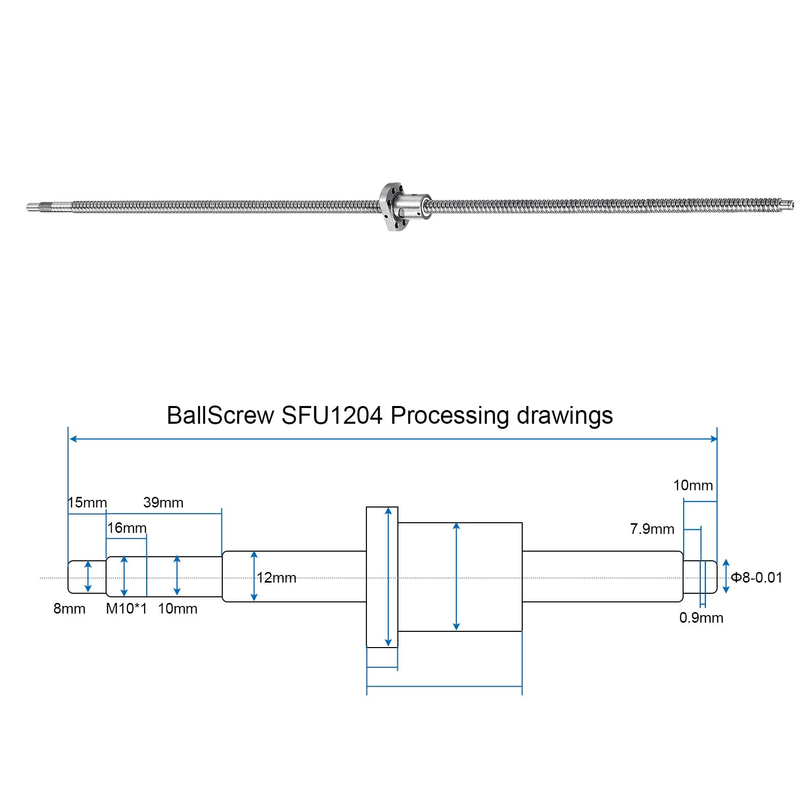 QUARKZMAN Kugelgewindetrieb SFU1204 (Durchmesser 12mm Steigung 4mm Länge 1200mm) Mit Kugelgewindemutter Anti-Spiel Kugelgewindetrieb Set Standard Endbearbeitung