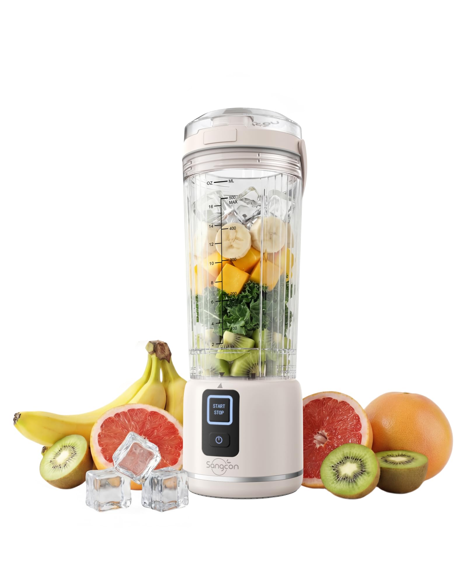 Sangcon Portable Blender 500ml, Smoothie Blender USB Rechargeable, Mini Blender for Smoothies, Portable Smoothie Makers, Personal Blender with 6-Blade & 2 Modes, Blends Ice & Frozen Fruit, Off-White