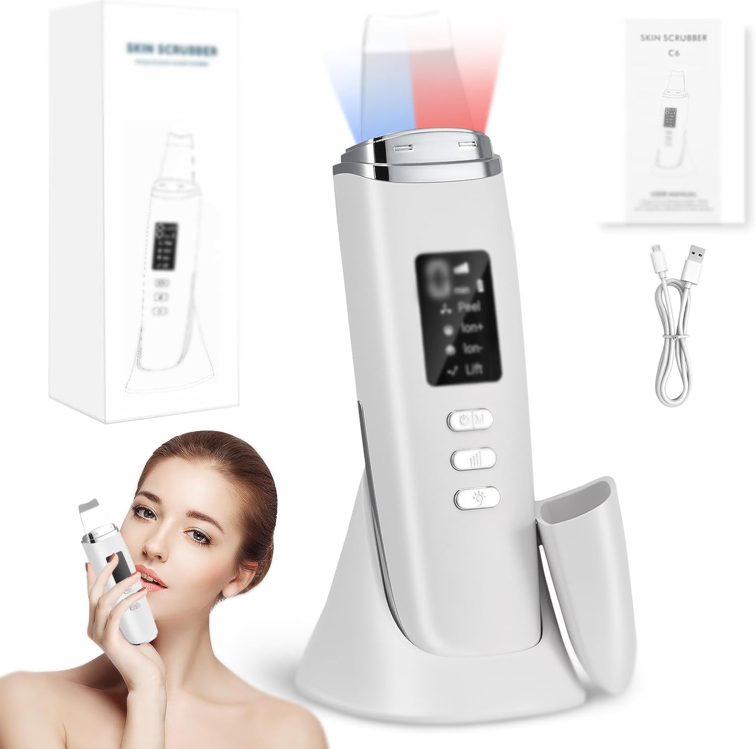 Skin Scrubber a ultrasuoni, pulitore per pori, elettrico con 4 modalità e luce rossa, luce blu, dispositivo ad ultrasuoni, dispositivo ad ultrasuoni per la pulizia del viso (bianco)