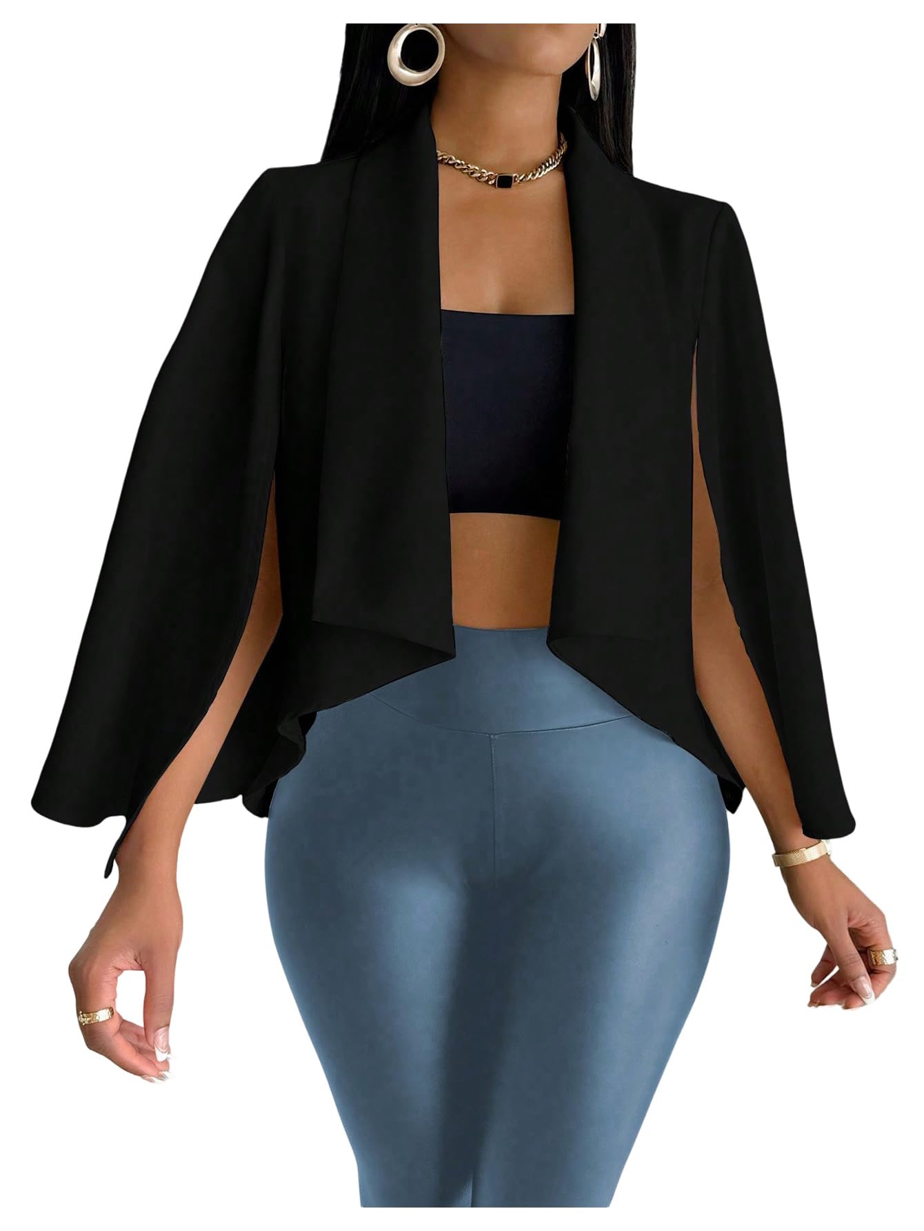 OYOANGLE Womens Cape Long Sleeve Cropped Blazer Jacket Open Front Solid Elegant Trendy Cardigan Coats