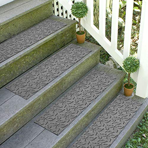 Limited Discount Bungalow Flooring Waterhog Stair Treads, Set of 4, 8-1/2 x 30 inches, Made in USA, Durable and Decorative Floor Covering, Indoor/Outdoor, Water-Trapping, Dogwood Leaf Collection, Medium Grey