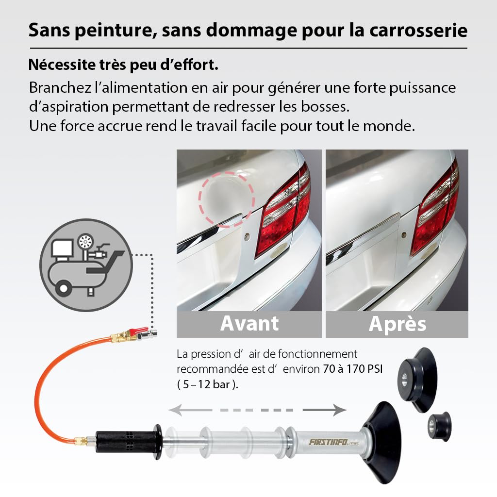 FIRSTINFO Marteau à Inertie Pneumatique Débosselage 3 Ventouses | Kit complet 20 pastilles+colle, valve laiton, 70-170 PSI, idéal grêle et bosses portière, garantie 12 mois, réf. A1501EUY1