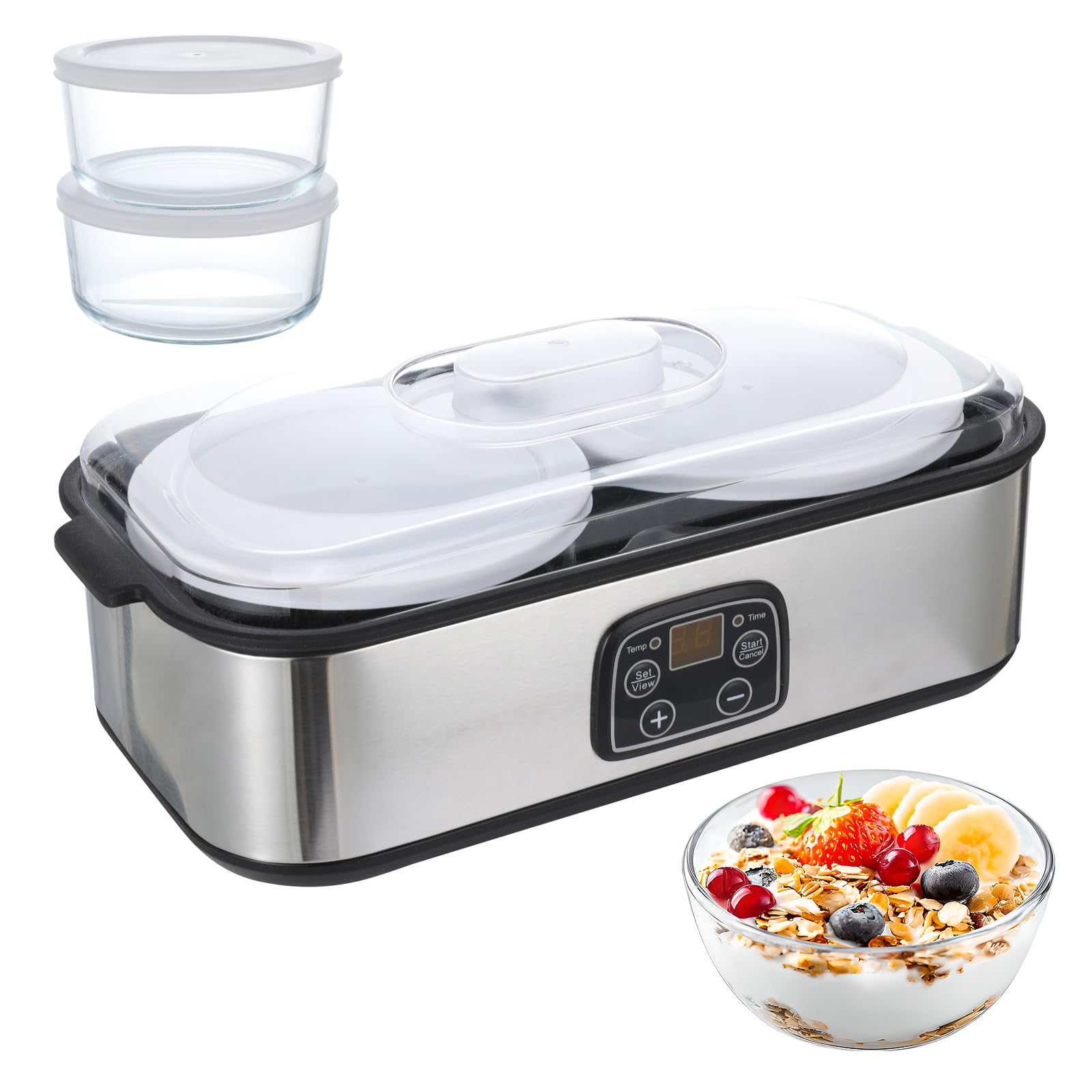 Yaourtière automatique de 2 l, température réglable et minuterie, yaourtière électrique avec affichage LED et 2 verres, pour la préparation de yaourts bio, produits laitiers, fromage, Natto
