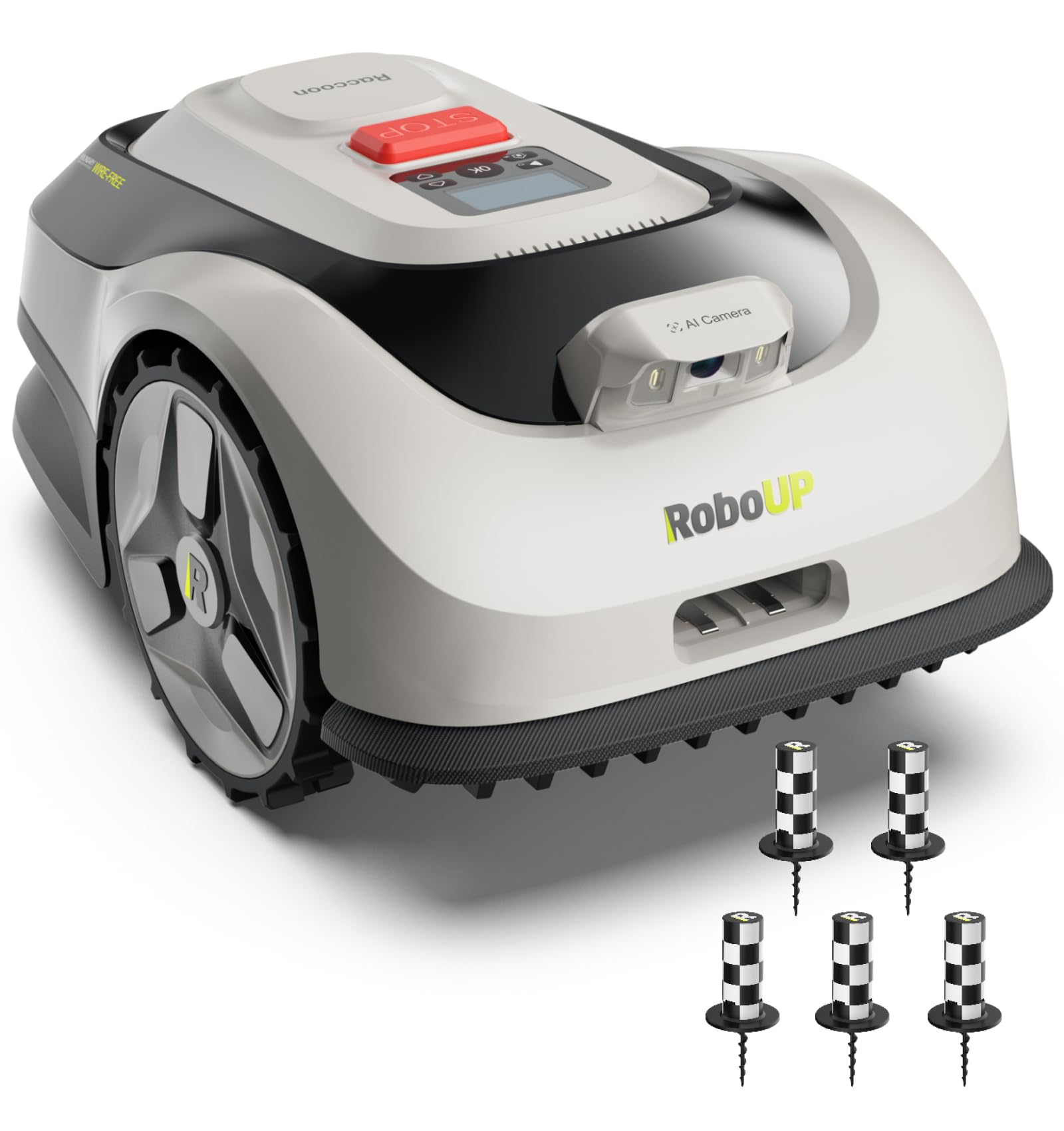 RoboUP Raccoon 2 SE Robot Tondeuse & Piquets De Délimitation -600m²