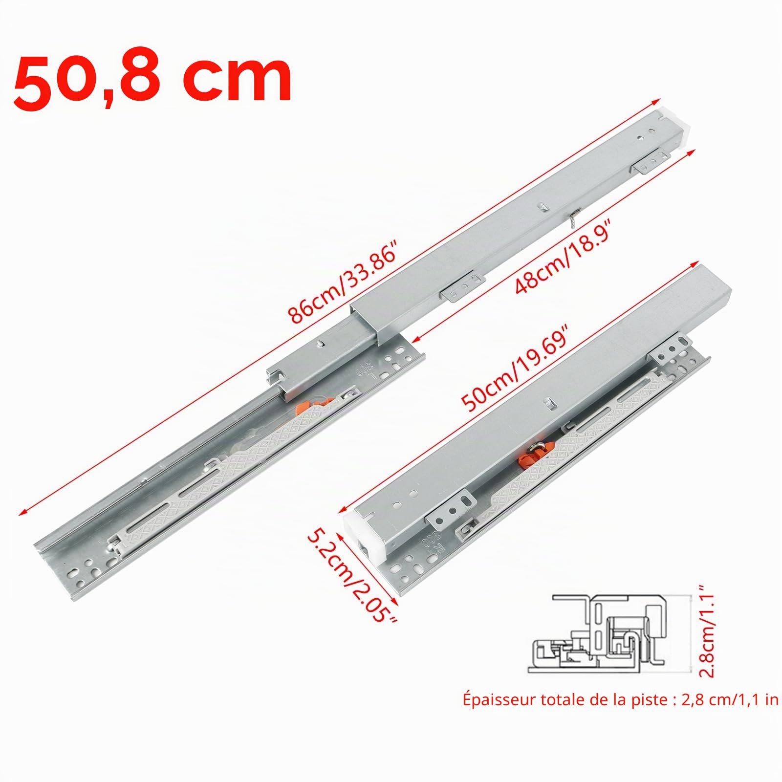Glissière Tiroir Charge Lourde Extension complète,Glissières montées sur le fond pour tiroir Système de rails Soft-Close glissiere pour tiroir charge lourde(50 cm)
