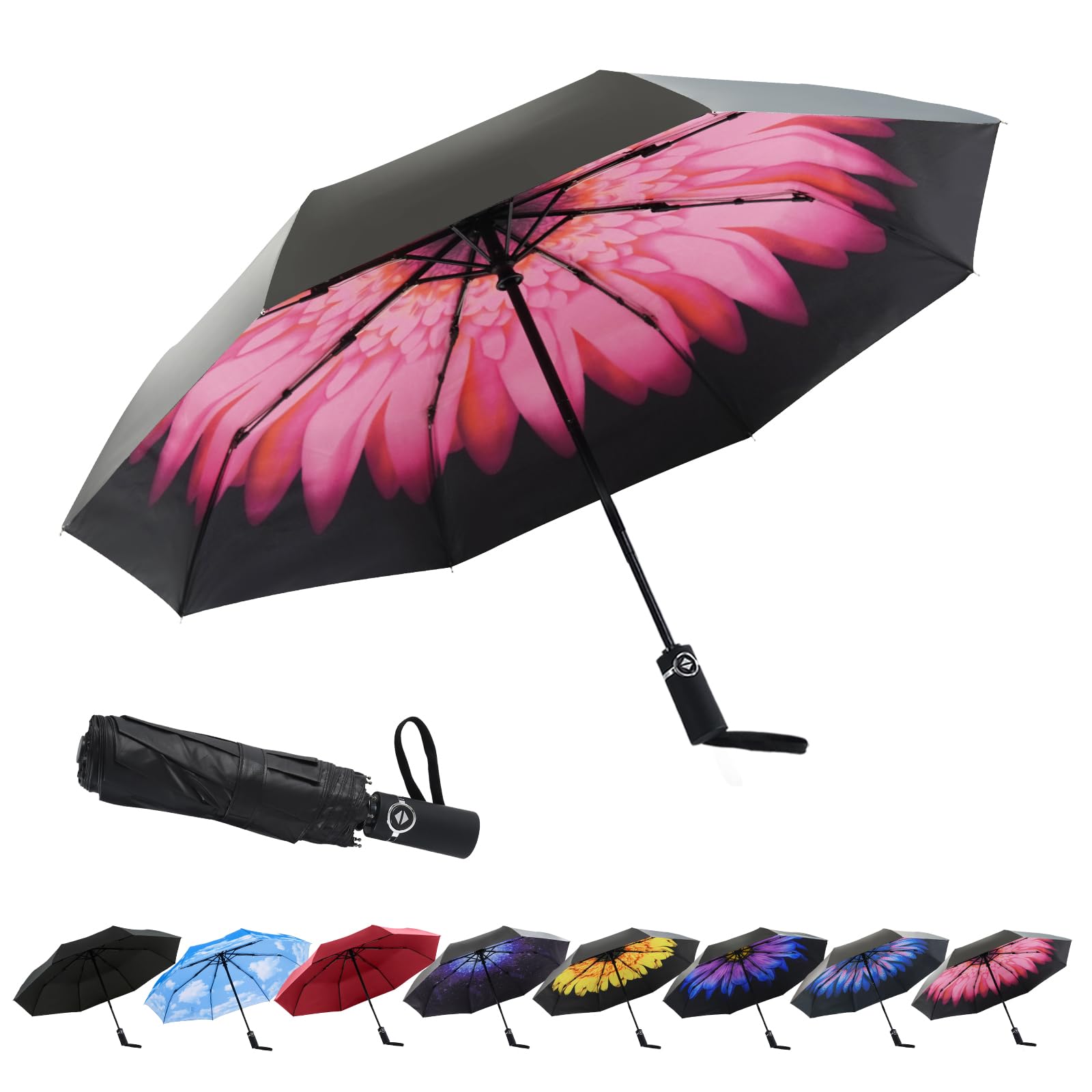 SY COMPACT Automatic Windproof Umbrellas Travel Strong Umbrella for Rain and Sun Protection Small Umbrella UV Blocking for Women and Men (Pink Flower)