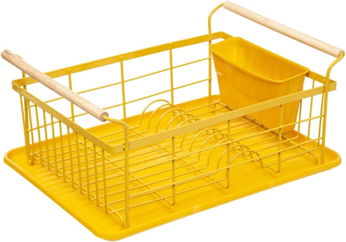 TIENDA EURASIA - Escurridor de Platos con Soporte para Cubiertos, Escurreplatos de Acero con Asas de Madera y Bandeja de Plastico, Diseño y Colores Originales (Amarillo)