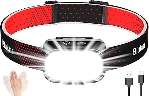 Blukar Linterna Frontal Recargable, Superbrillante Linterna Cabeza LED Atenuación Continua, 10 Modos con Luz Roja & Sensor de Movimiento, IPX5 Impermeable para Camping, Correr, Excursión, Pesca