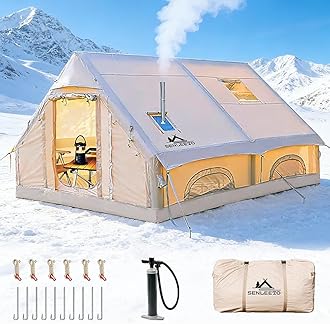 Inflatable Camping Tents 8-10 Person,129 Square Feets Large Inflatable Camping Tent with Stove Jack,Blow up Tent with Mesh Windows & Pump