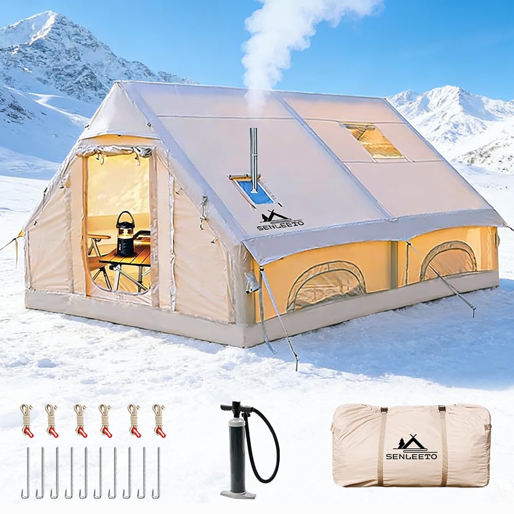 Inflatable Camping Tents 8-10 Person,129 Square Feets Large Inflatable Camping Tent with Stove Jack,Blow up Tent with Mesh Windows & Pump