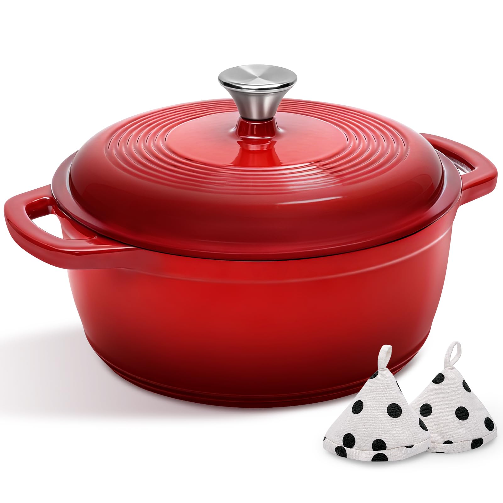 Photo 1 of Enameled Cast Iron Dutch Oven Pot With Lid - AIVIKI 5QT Dutch Oven for Bread Baking With Cotton Potholders - Heavy-Duty Cookware for Braising, Stew, Roasting, Oven Safe up to 500°F, Red
