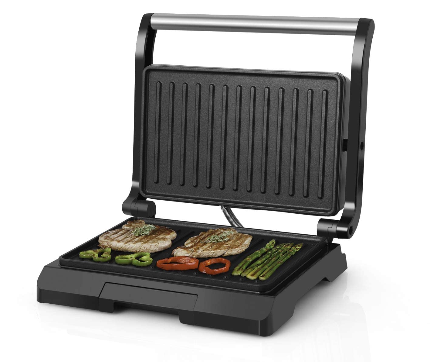 Orbegozo GR 3200 - Grill de acero inoxidable, placa antiadherente, bandeja recoge salsas, indicador luminoso, 800 W