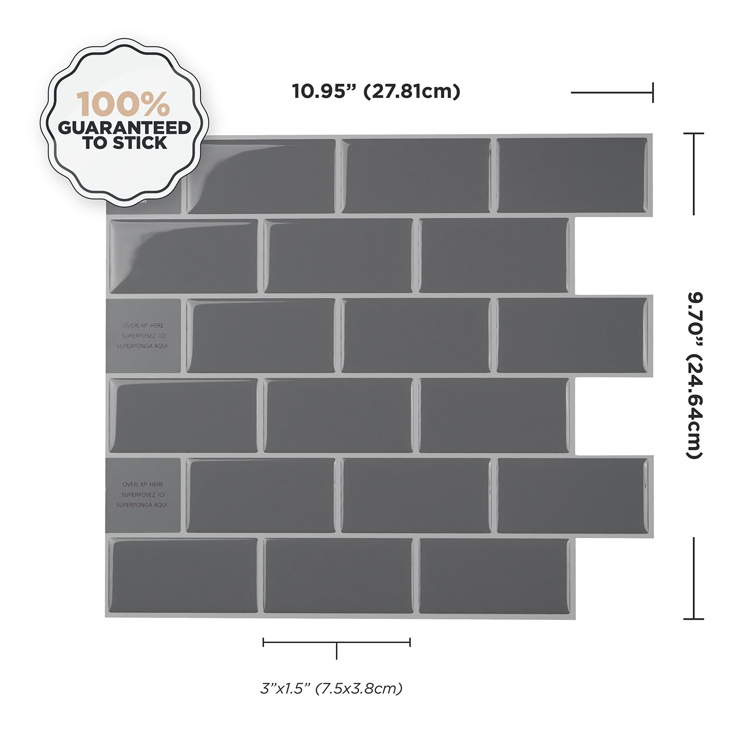 Smart Tiles Płytki Samoprzylepne, Metro Szarość Łupkowa, 27,81x24,64 cm | Zestaw 10 szt. (0,58 m²), Błyszczące, Odporne na ciepło/wilgoć, Niski VOC, Kuchnia/Łazienka, Dla najemców, Made in Canada