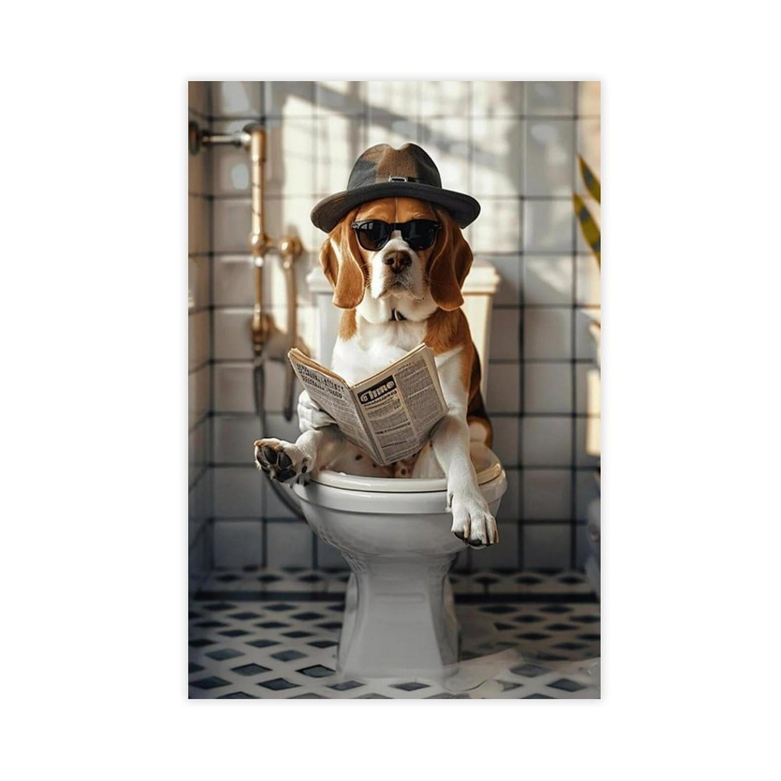 Flamint Beagle Sitting on The Toilet Reading Newspaper Canvas Poster Bedroom Decor Landscape Office Room Decor Gift 8" L X 12" W