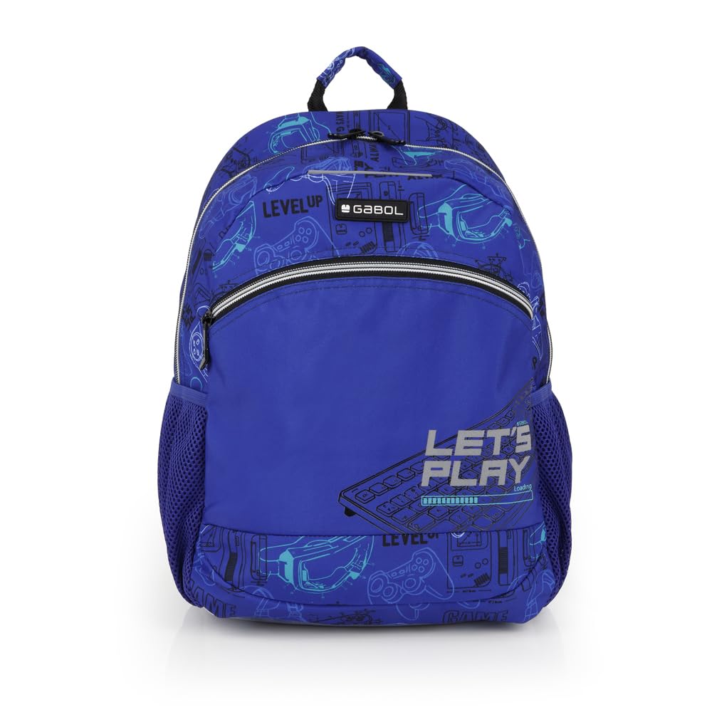 Gabol - Mochila Escolar Adaptable a Carro Gaming 31x41x15 cm - Espalda Termoformada y Bolsillo Lateral - Resistente al Agua con Cremalleras Cubiertas - Diseño Español en Poliéster - Azul