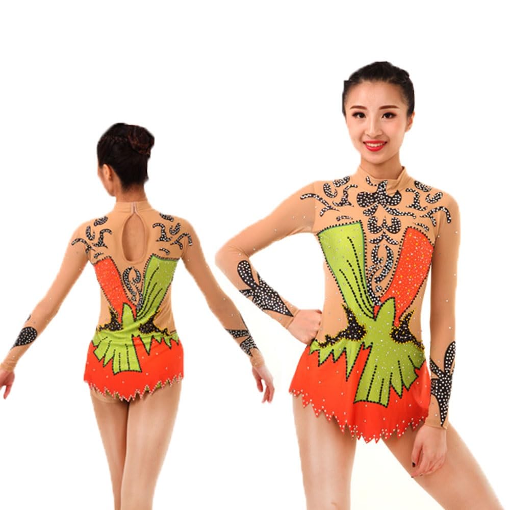Gimnasia Rítmica Uniforme De Patinaje De La Manga Los Leotardos Muchacha De Las Mujeres Desgaste Largo De La Competencia Profesional De Alta Elasticidad Naranja Figura Vestido De Patinaje
