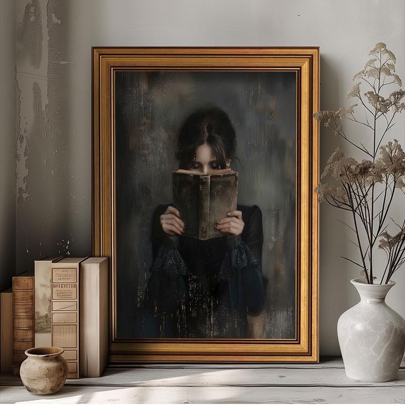 Miniatura 7 de Victorian Woman Reading Bookish Poster Gothic Wall Art Dark Academia Art Print Retro Framed Librariancore Moody Reading Nook 12x16inch Dark Gold